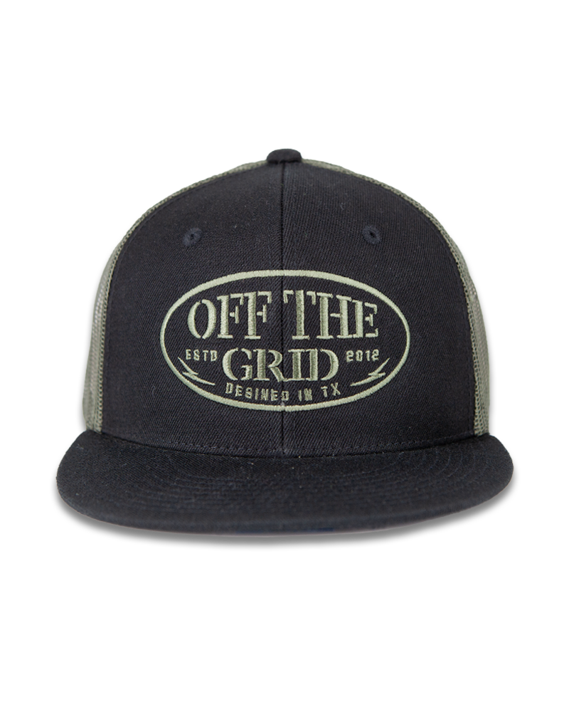Olive and black grunge snapback hat by Off The Grid Surplus with distressed details and adjustable strap.