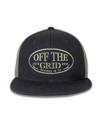 Olive and black grunge snapback hat by Off The Grid Surplus with distressed details and adjustable strap.