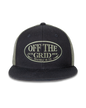 Olive and black grunge snapback hat by Off The Grid Surplus with distressed details and adjustable strap.