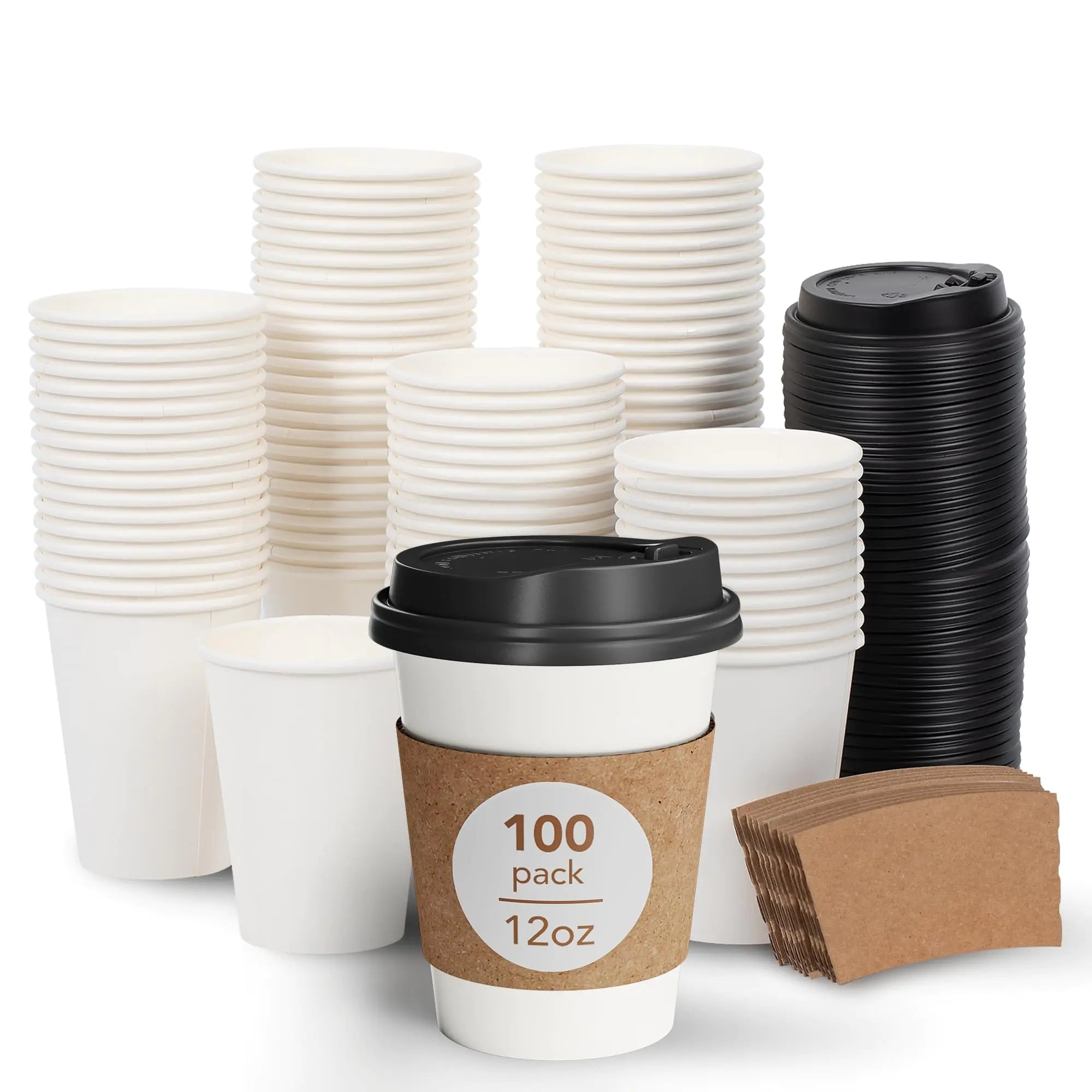 DAILYLIFE 12oz Disposable Coffee Cups with Black Lids and Sleeves-100 Pack Bulk Thickened Paper for Hot Drinks Leak Proof Design DIY Customizable for Home Office Parties and Stores