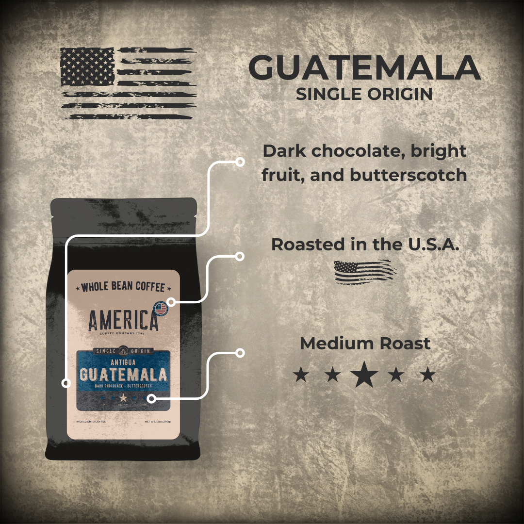 Bag of Guatemala single origin coffee from America Supply Company LLC, showing the product label and packaging details.