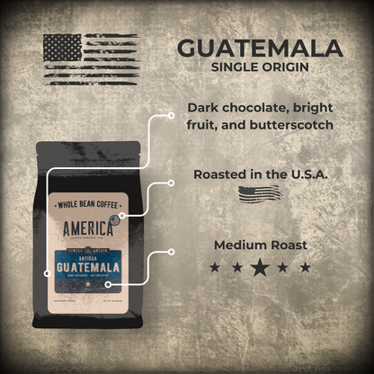Bag of Guatemala single origin coffee from America Supply Company LLC, showing the product label and packaging details.