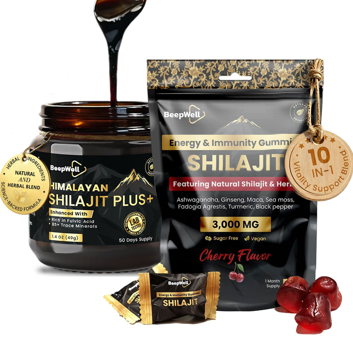 BeepWell Shilajit Resin Plus and Gummies bundle, showing the resin jar and gummy supplement on a white background.