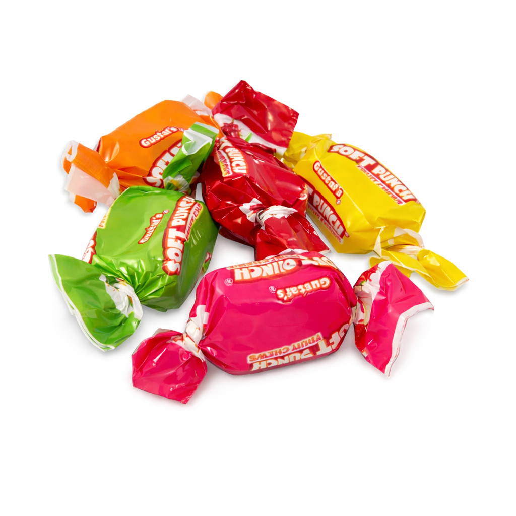 Assorted soft punch candies from Candy In Bulk in a colorful bulk bag, showcasing a variety of chewy candy pieces.