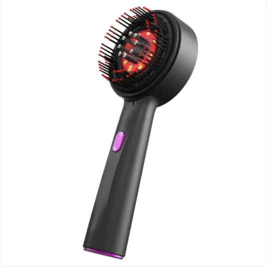 Black electric massage hair comb with red light therapy and anti-slip handle
