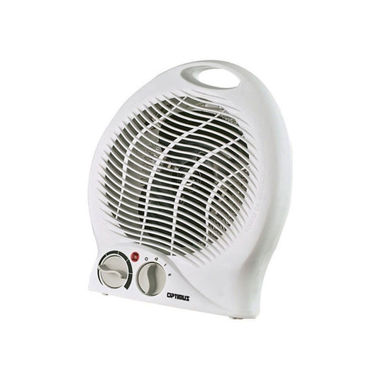 Optimus portable white fan heater with built-in thermostat, compact design, ideal for home or office heating.