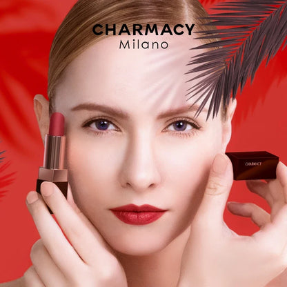 Blushimmer matte red velvet lipstick, durable and easy to wear, showing a close-up of lips with rich, natural matte red color.