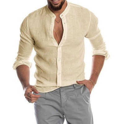 Long sleeve cotton linen casual men's shirt in neutral color, featuring a relaxed fit and button-front design by Don John.