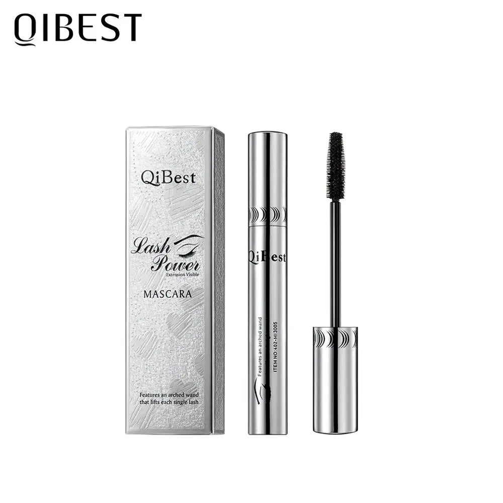 Qibest 4D Silk Fiber Mascara in black by Blushimmer, waterproof formula, showcasing lengthened, thickened lashes.