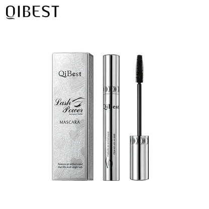 Qibest 4D Silk Fiber Mascara in black by Blushimmer, waterproof formula, showcasing lengthened, thickened lashes.