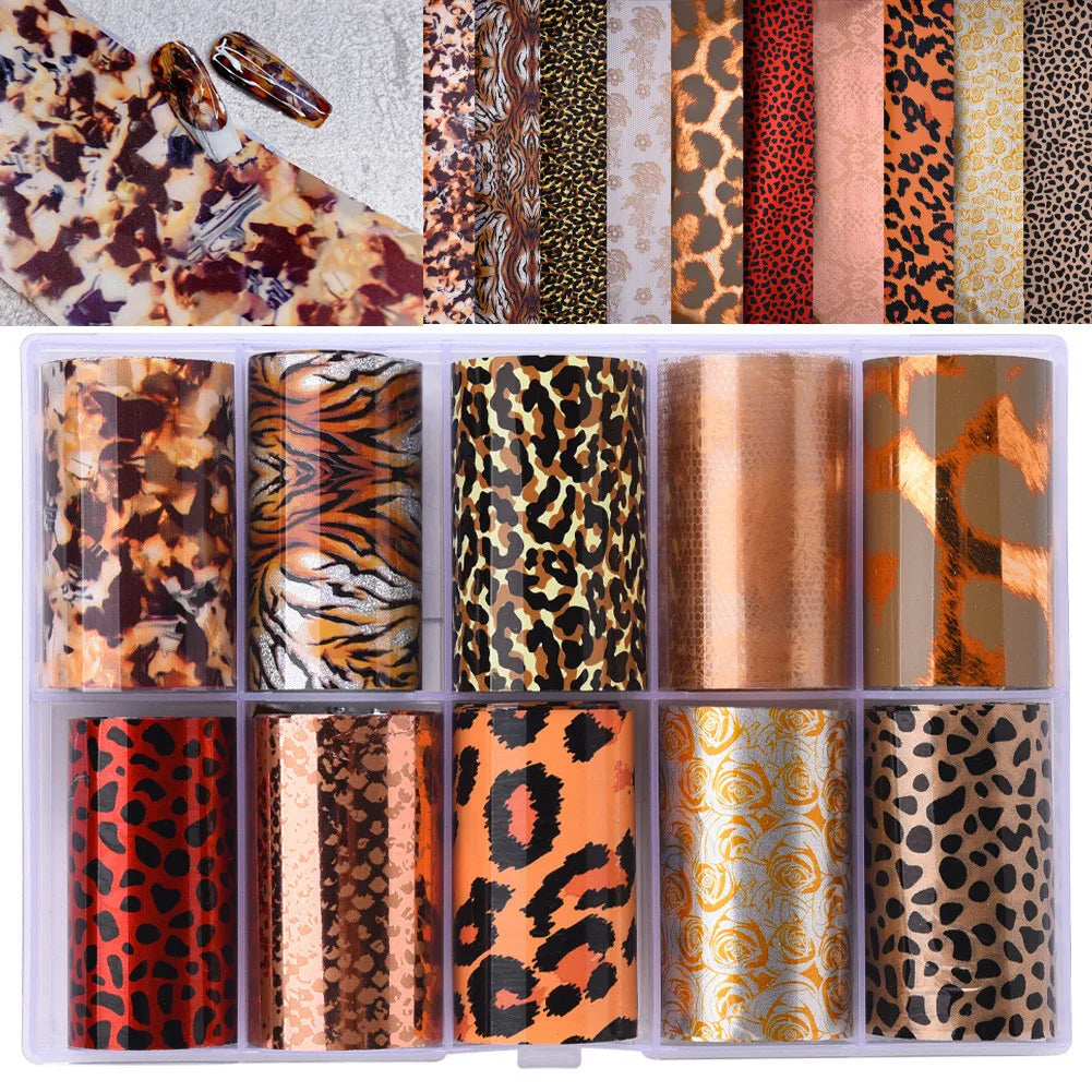 Blushimmer leopard and snake skin nail foil transfer paper with amber nail art stickers for animal-inspired manicure decoration.