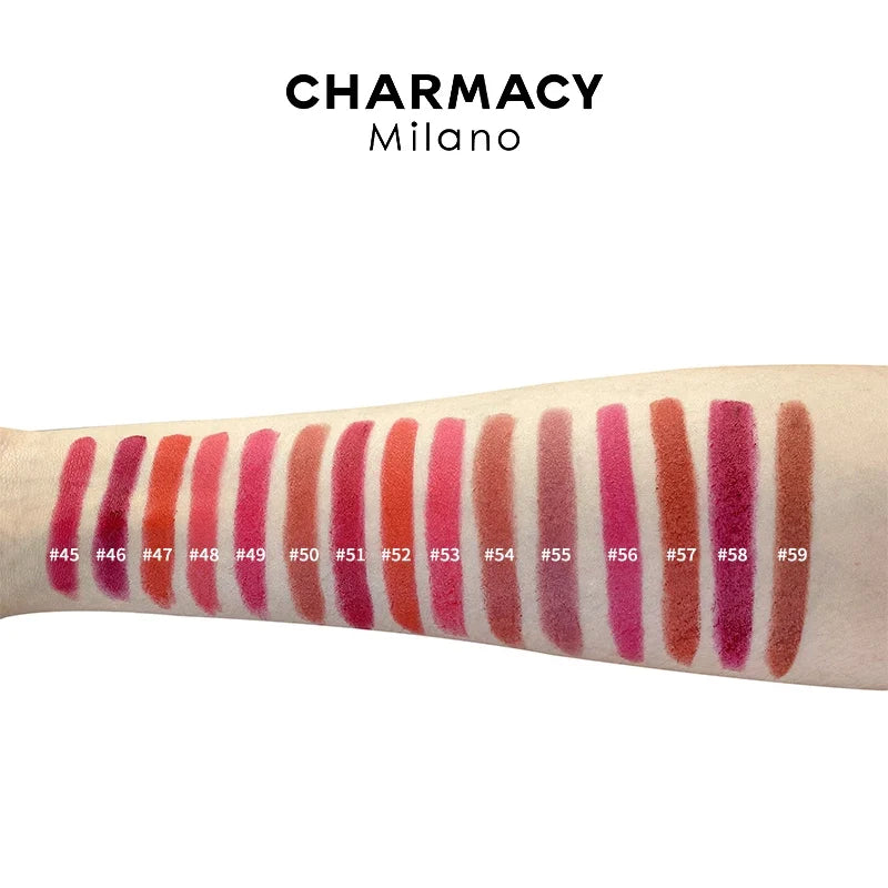 Blushimmer Charmacy matte lipstick in natural matte red velvet shade, easy to wear lip color for women’s makeup and beauty.