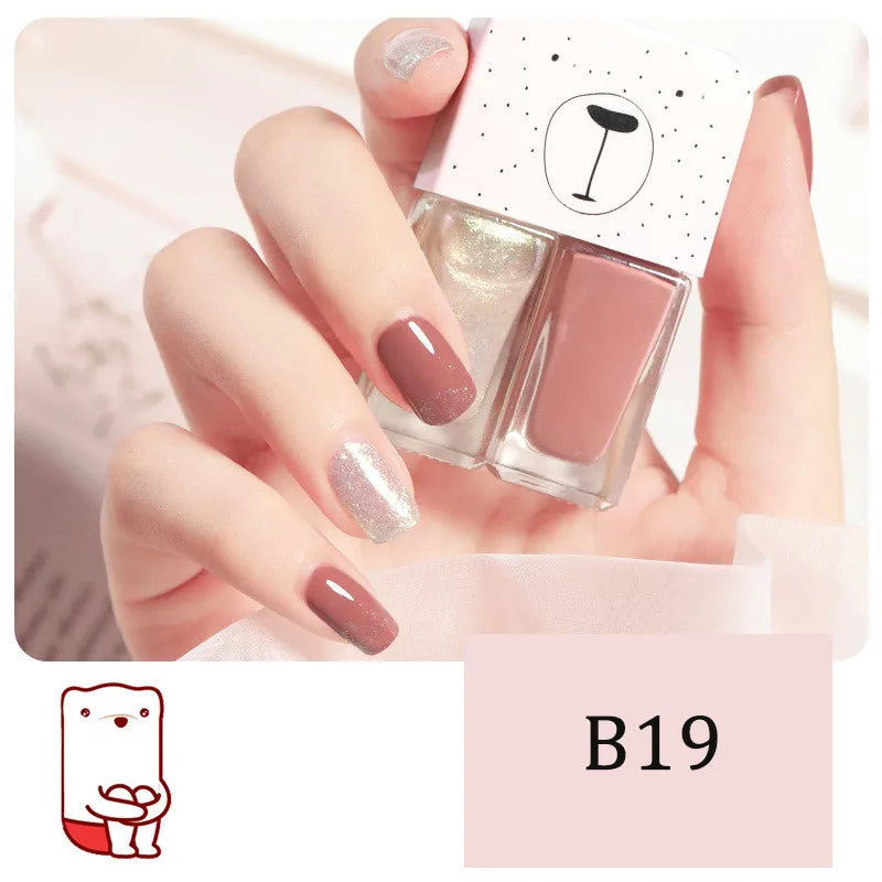 Blushimmer 2-in-1 candy color nail polish with bright, water-based formula and quick-dry, waterproof finish on neatly manicured nails.