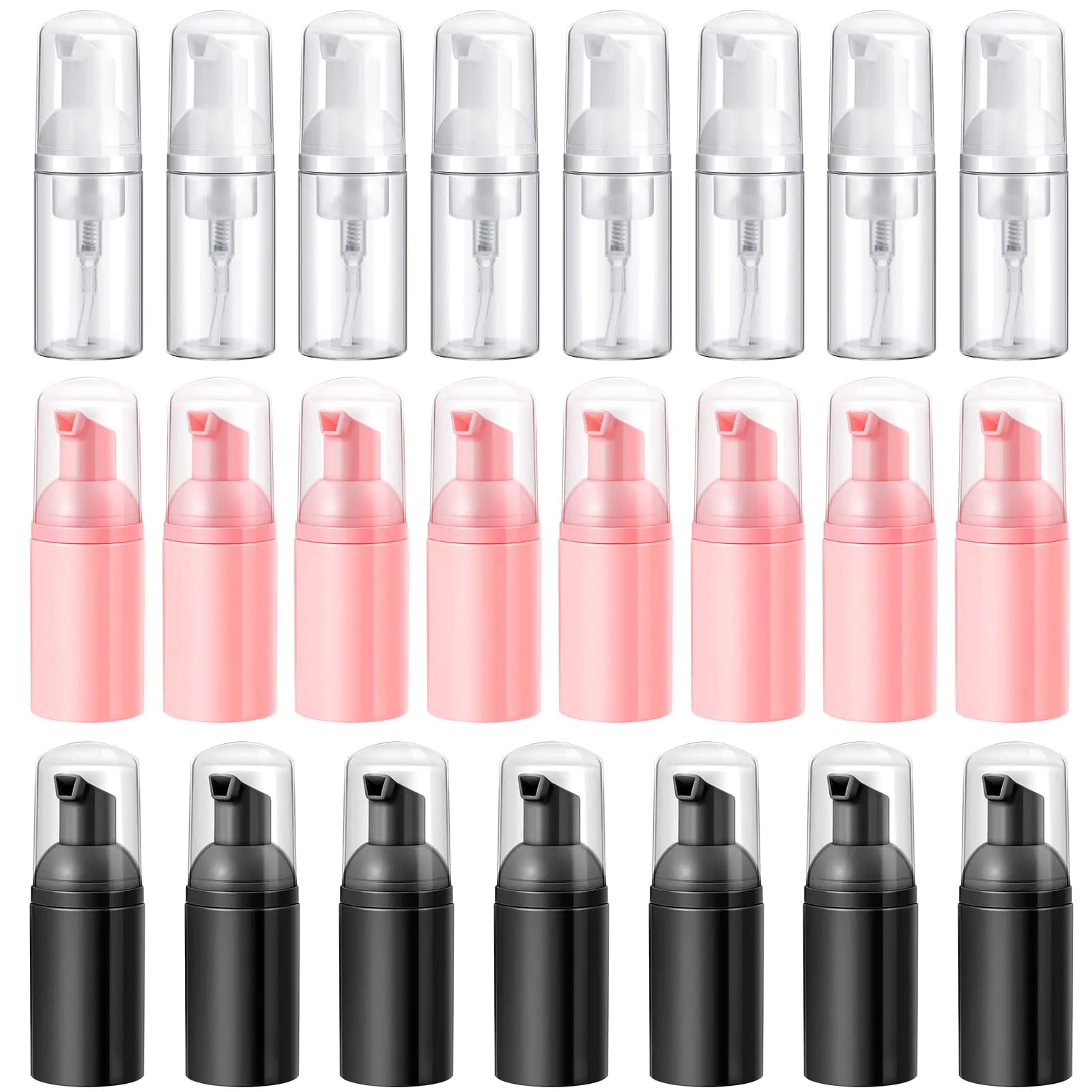 24 Pcs Foam Pump Bottles 1 Oz/ 30 ml Plastic Mini Empty Dispenser Travel Soap Foaming Bottles for Refillable Hand Sanitizer Lash Shampoo(White Pink Black)