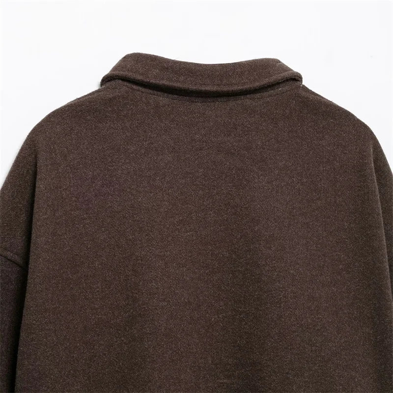 TAOP&ZA Women's Clothing 2024 Winter New American Simple Style Street Fashion Coffee Color Lapel Jacket Zipper Short Coat