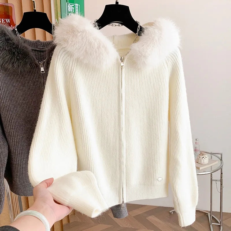 Wholesale Autumn 2026 New Fashion Elegant Casual Simple Solid Color Hooded Fur Collar Long Sleeve Women's Sweater