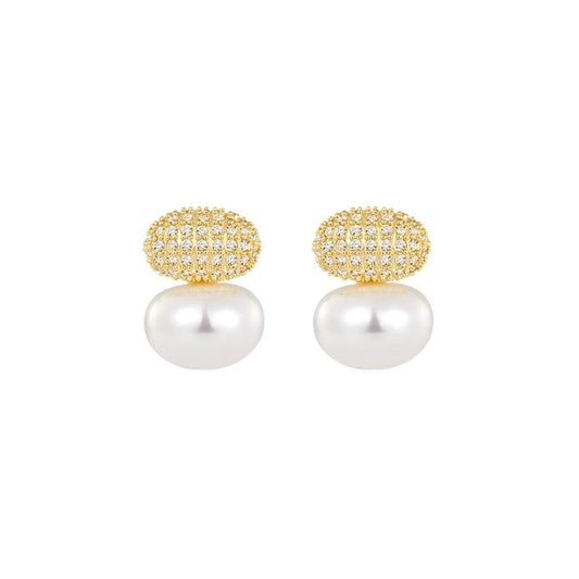 ED68563 New French Simple Superior Sense Micro-inset Zircon Bean Oval Pearl Earrings Elegant Simple Earrings