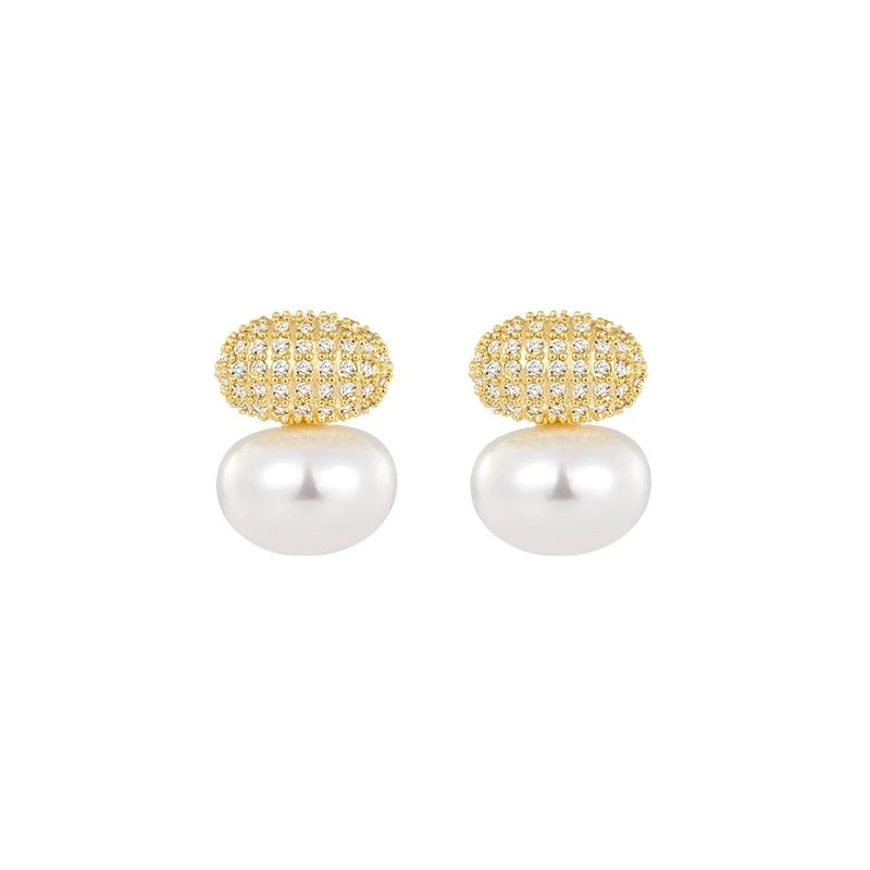 ED68563 New French Simple Superior Sense Micro-inset Zircon Bean Oval Pearl Earrings Elegant Simple Earrings