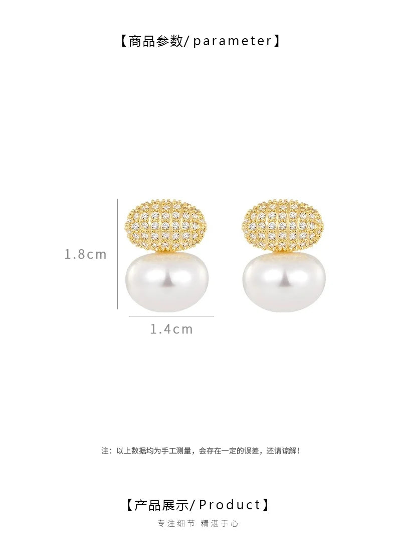 ED68563 New French Simple Superior Sense Micro-inset Zircon Bean Oval Pearl Earrings Elegant Simple Earrings