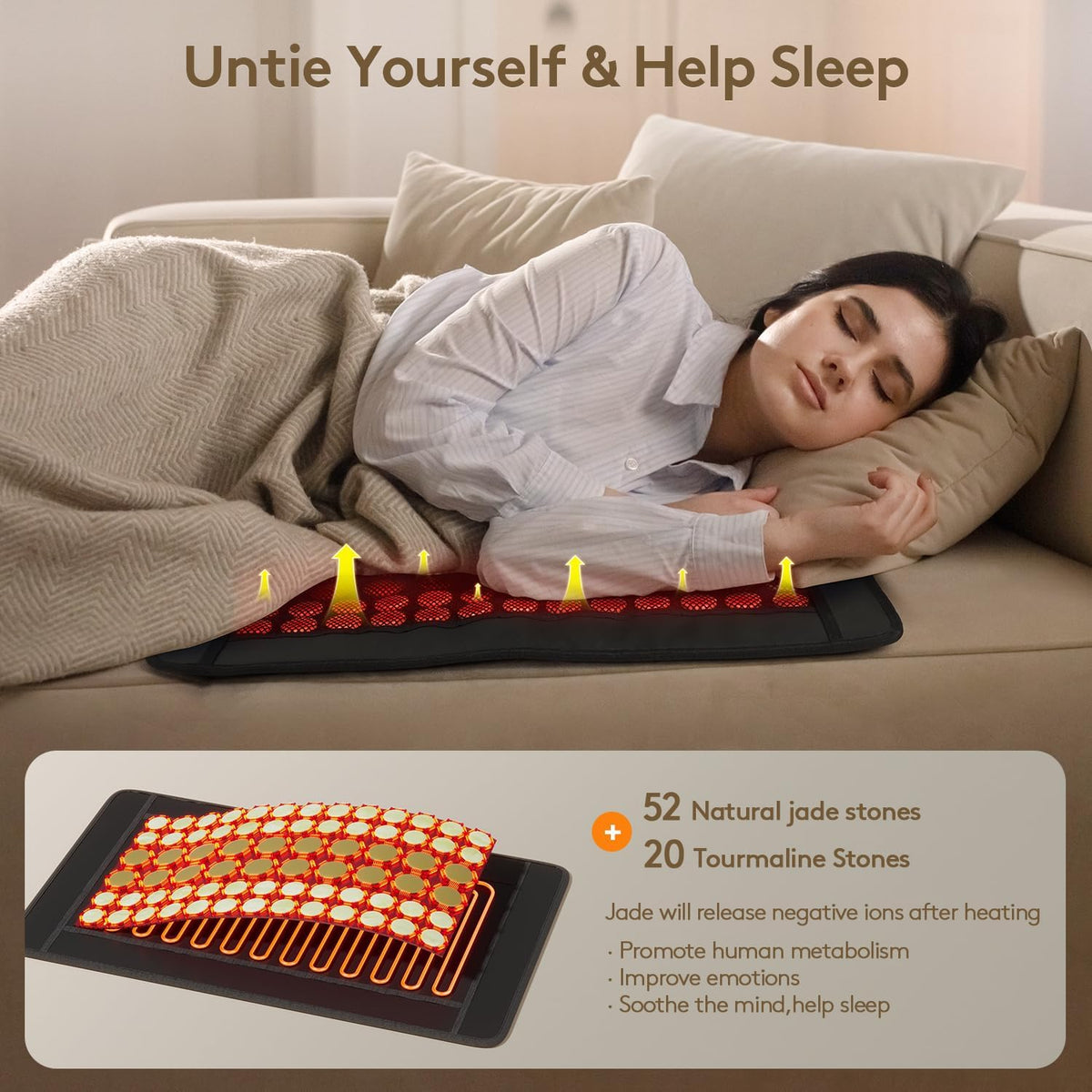 iReliev Far Infrared Jade and Tourmaline Heating Pad, 23.5 x 16 inches, with soft fabric surface for pain relief and warmth.