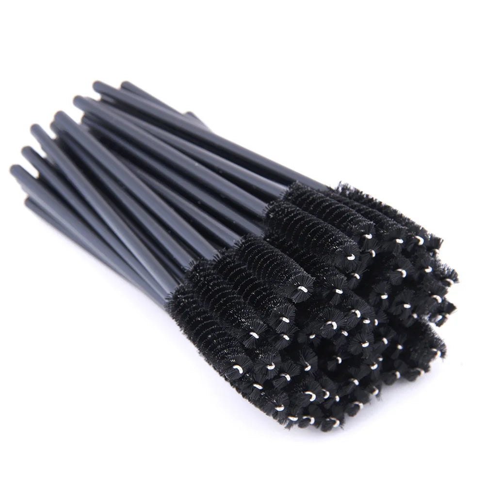 Set of 50 eyelash and eyebrow brushes by Blushimmer, including mascara wands and spoolers for false eyelash extensions and makeup application.