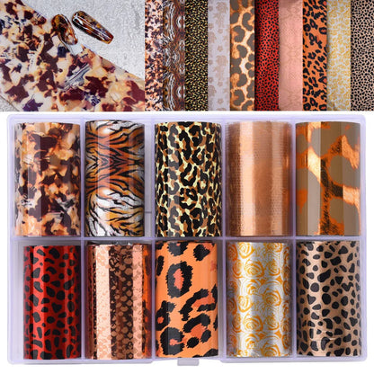 Blushimmer leopard print nail foils and animal decal set with snake skin design for manicure nail art decoration.