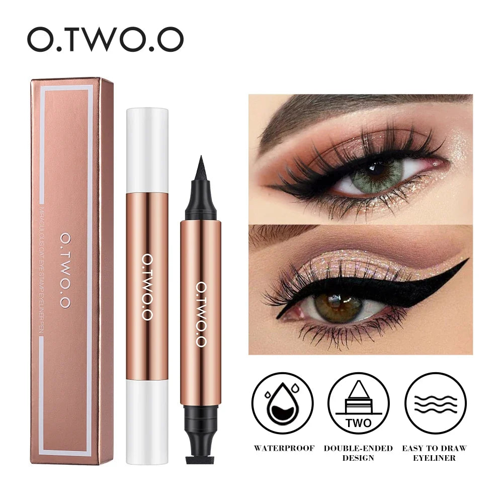 Black waterproof liquid eyeliner pen with dual-ended stamp from Blushimmer, designed for precise eye makeup application.