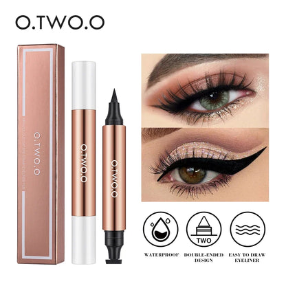 Black waterproof liquid eyeliner pen with dual-ended stamp from Blushimmer, designed for precise eye makeup application.