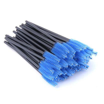 Set of 50 eyelash and eyebrow brushes by Blushimmer, including mascara wands, spoolers, and extension tools for cosmetic application.