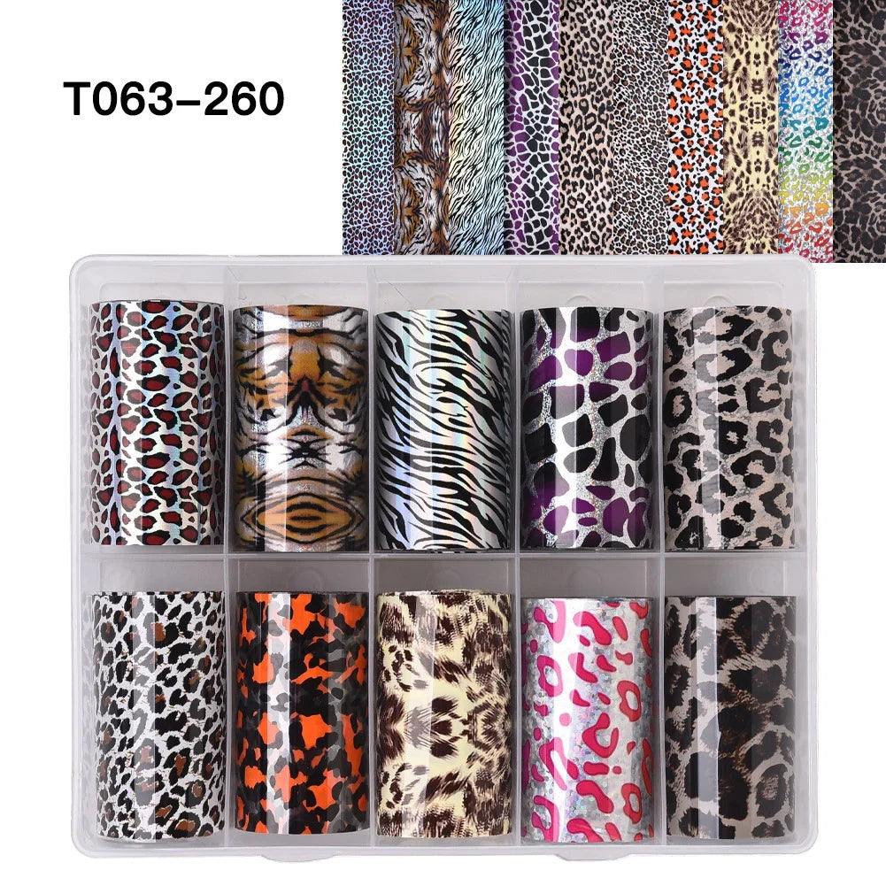 Set of 10 leopard print nail foil rolls by Blushimmer featuring snake skin and animal decal designs for nail art decoration.