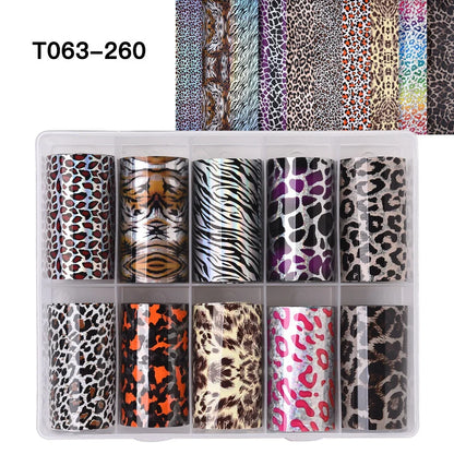 Set of 10 leopard print nail foil rolls by Blushimmer featuring snake skin and animal decal designs for nail art decoration.