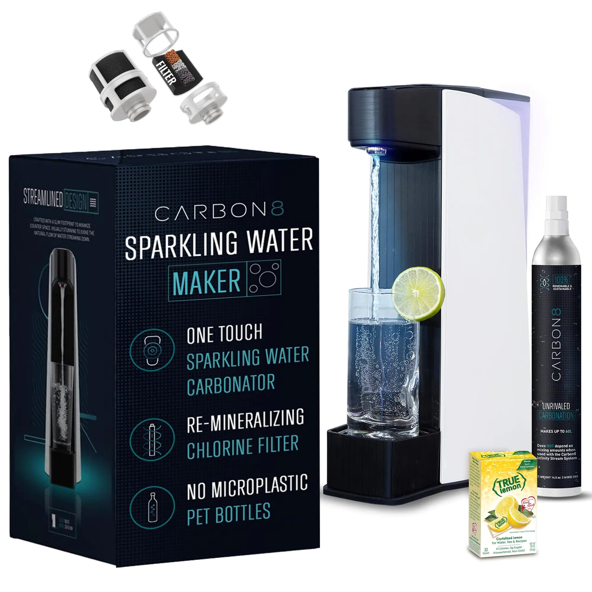 Carbon8 Sparkling Water Maker Machine - Home Soda Stream Machine Screw-In CO2 Carbonator Countertop Water Mineralizer Seltzer Soda Maker Machine Dispenser - CO2 Cylinder Included - White