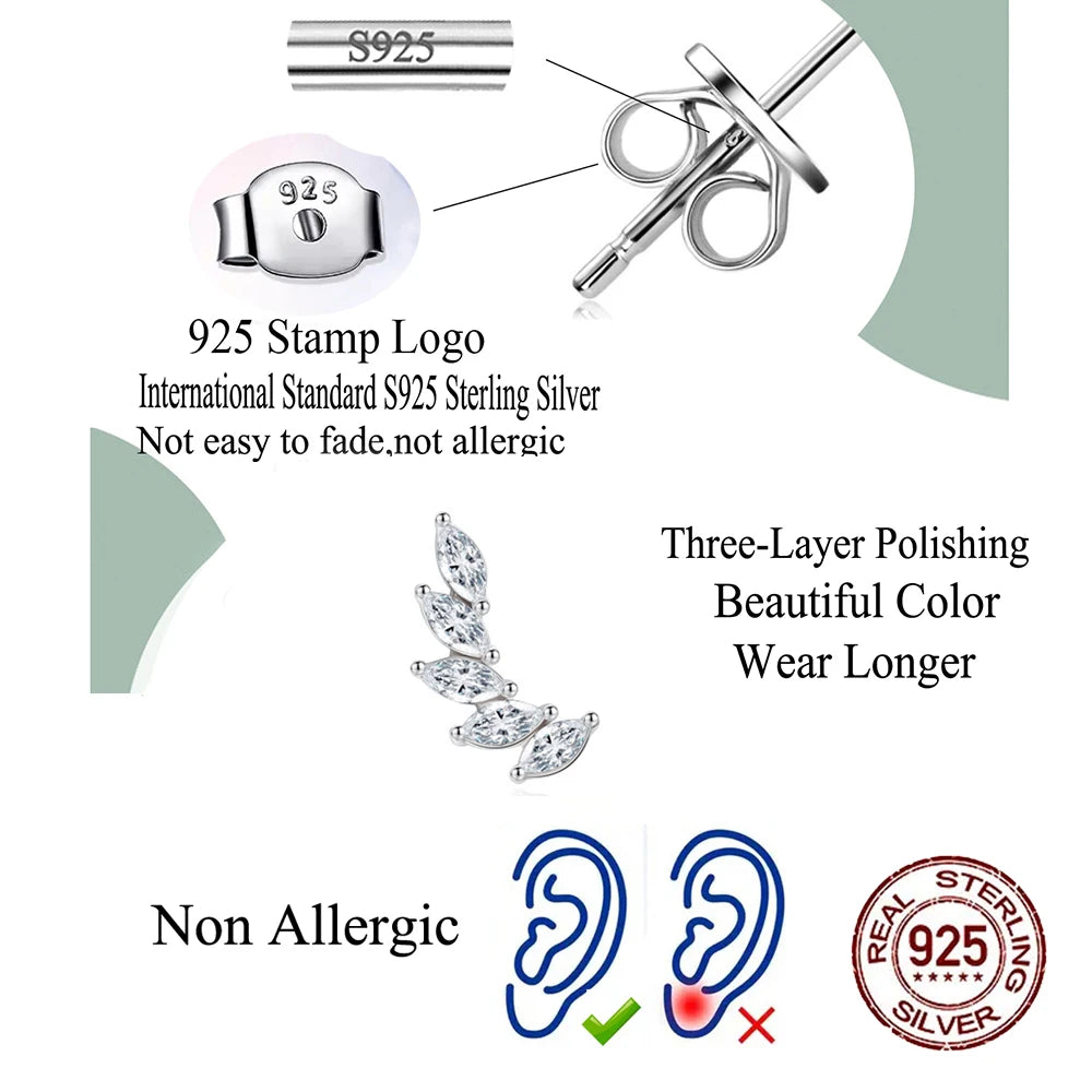 New Fashion Marquise Cut Cubic Zircon Paved 92.5% Sterling Silver Leaf Feather Shape Cheap Stud Earrings for Womens Jewelry