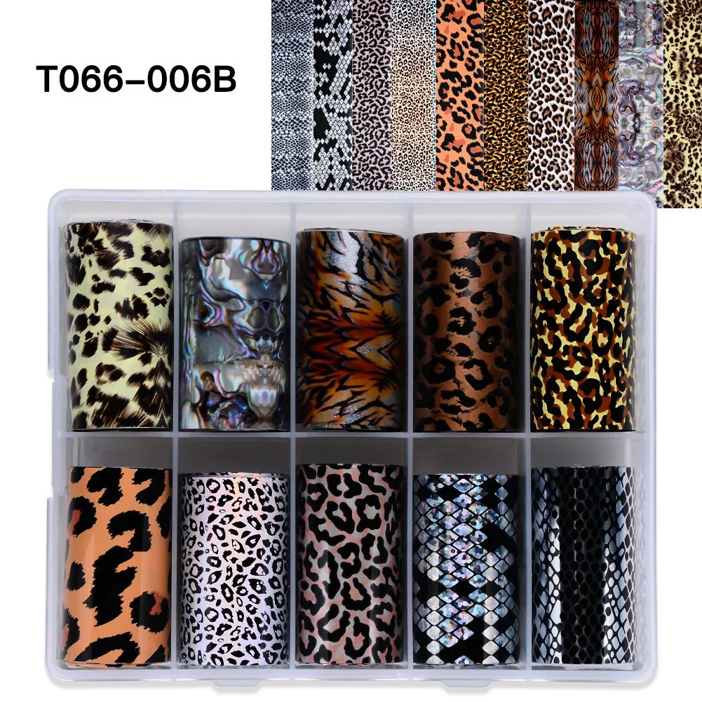 Set of 10 leopard and snake print nail foil transfer papers by Blushimmer, showcasing amber animal print nail art stickers.