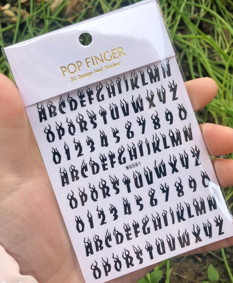 Black Gothic Nail Art Stickers with Old English Letters by Blushimmer, decorative alphabet transfer stickers for nail design.