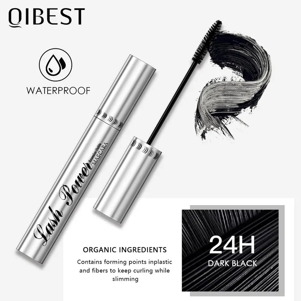 Qibest 4D Silk Fiber Mascara by Blushimmer, black waterproof mascara with lengthening and volumizing effects, shown on a model's lashes