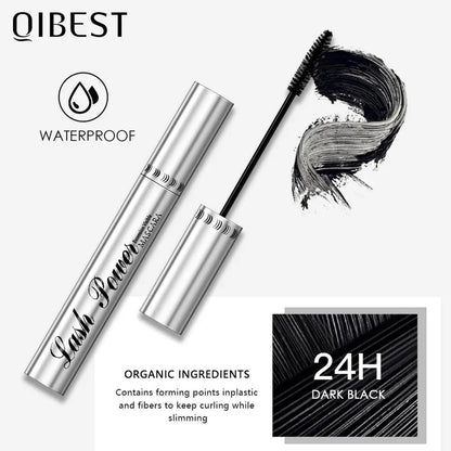 Qibest 4D Silk Fiber Mascara by Blushimmer, black waterproof mascara with lengthening and volumizing effects, shown on a model's lashes