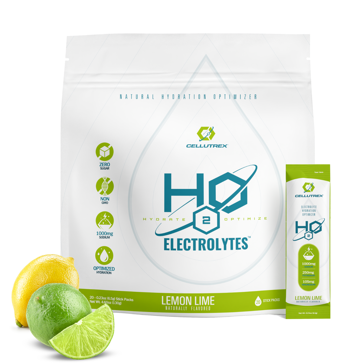 Cellutrex H2O ELECTROLYTES Lemon Lime zero sugar electrolyte powder in a container with a lemon lime flavor label.