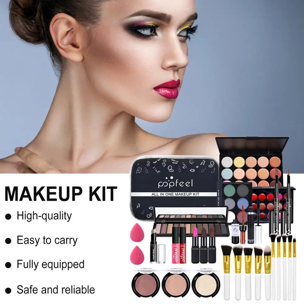 Blushimmer all-in-one makeup kit with lip gloss, eyeshadow, concealer, and brushes in a portable gift set for women and girls.