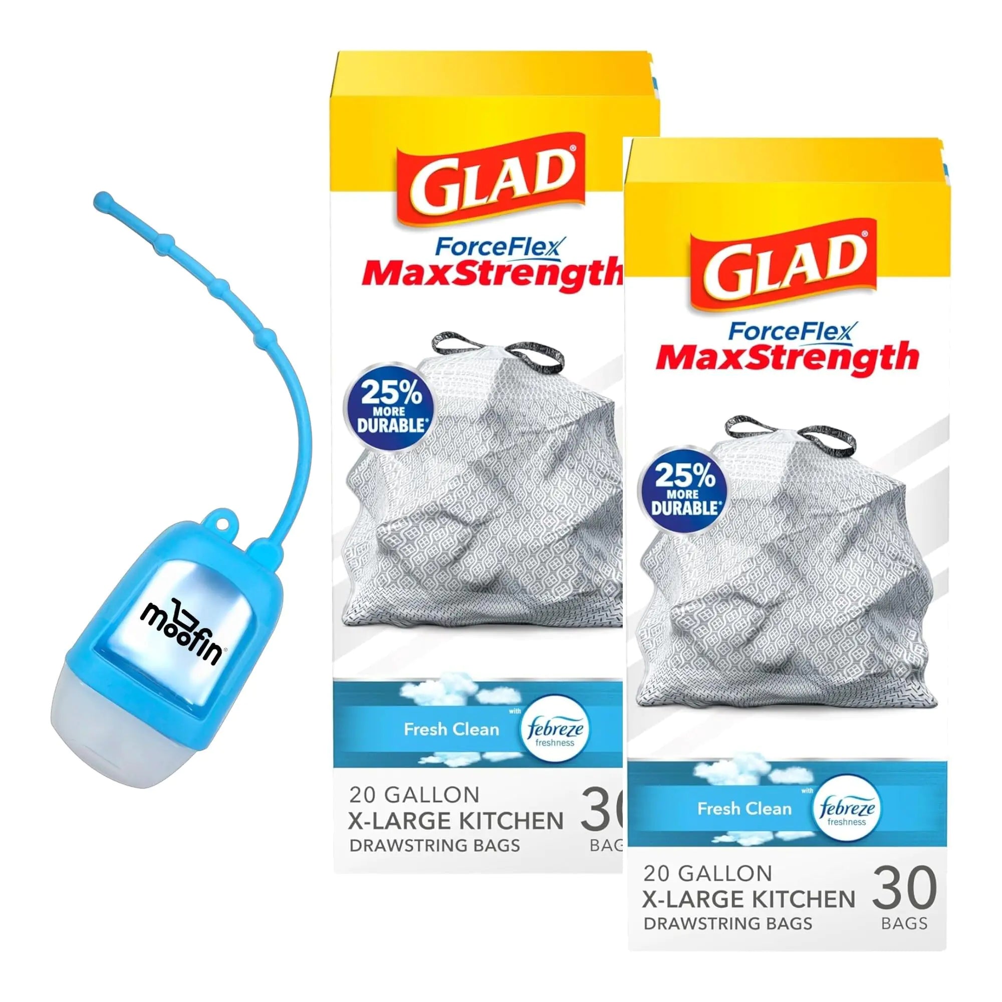 moofin Glad Trash Bags 20 Gallon Forceflex Trash Bags Drawstring Kitchen Trash Bags 20 Gallon Fresh Clean Scent with Febreze 30 Count - Bundle with Moofin Hand Sanitizer Dispenser