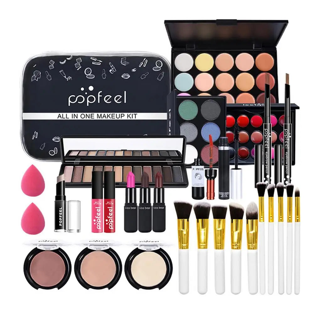 Blushimmer all-in-one makeup kit with lip gloss, eyeshadow, concealer, and brushes in a portable gift set for women and girls.