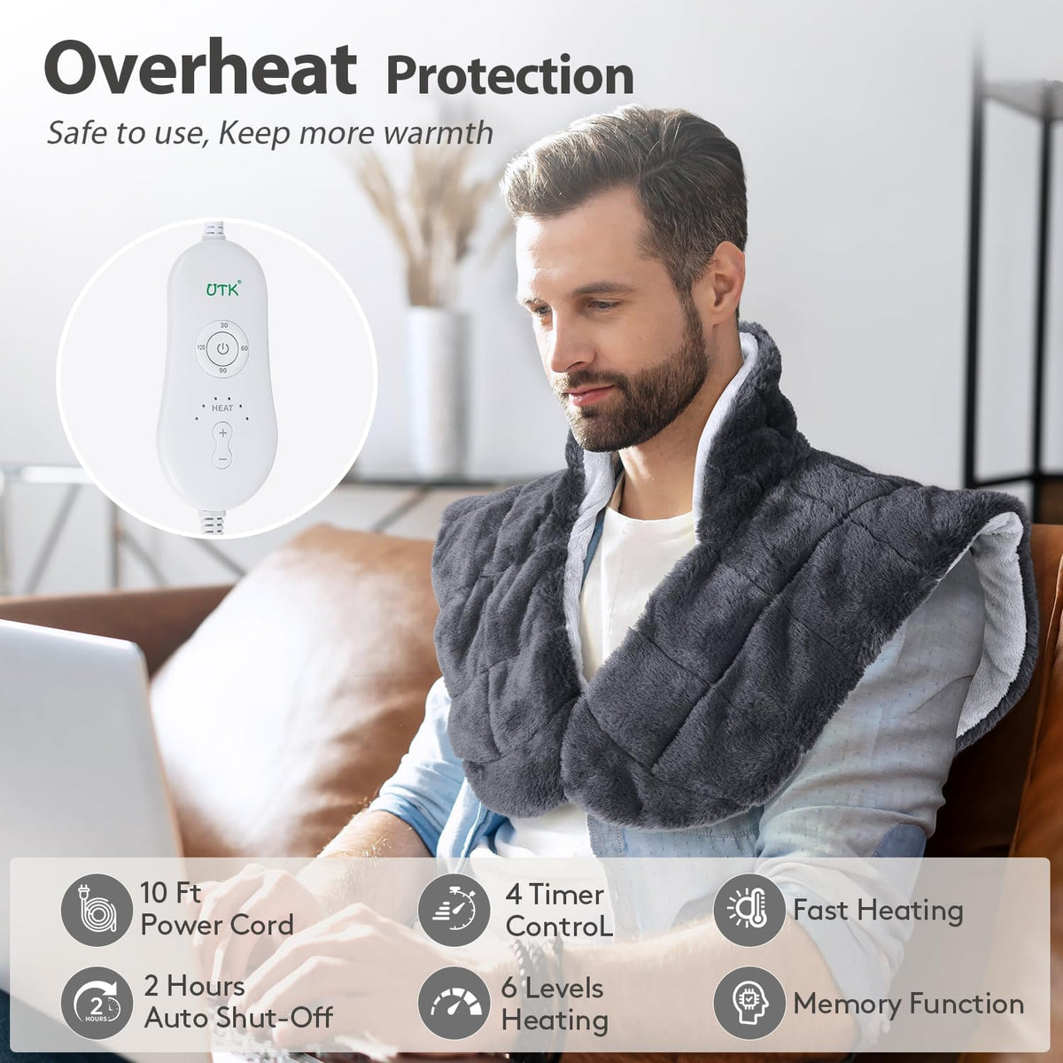 iReliev weighted heating pad for neck and shoulders, featuring soft fabric and adjustable warmth for soothing relief.