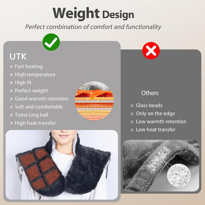 iReliev weighted heating pad for neck and shoulders, showing soft fabric cover and adjustable straps for targeted warmth.