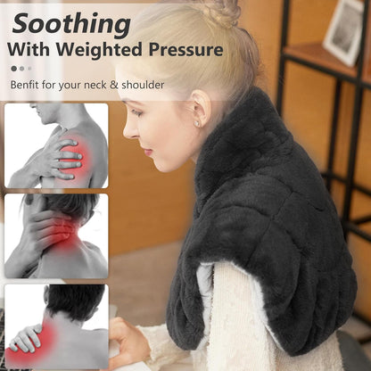 iReliev weighted heating pad for neck and shoulders, featuring soft fabric and adjustable straps for soothing warmth and comfort.