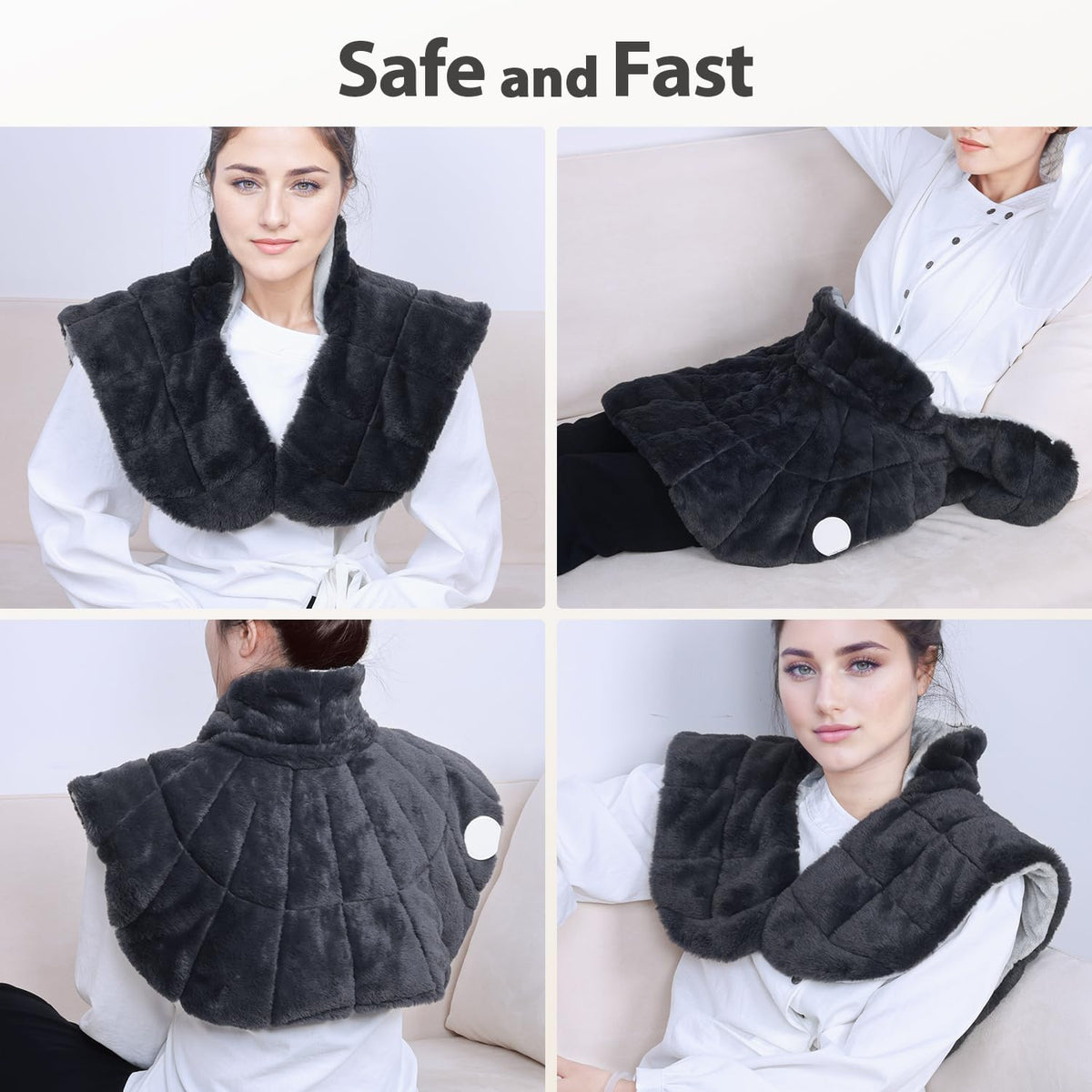 iReliev weighted heating pad for neck and shoulders with adjustable straps and soft fabric for soothing warmth and comfort.