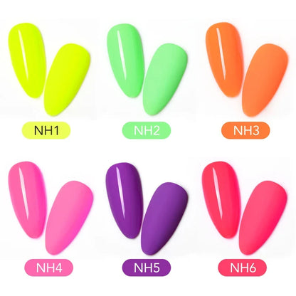 Bright neon color nail gel polish from Blushimmer, featuring UV and LED soak-off fluorescence nail art for vibrant summer looks.