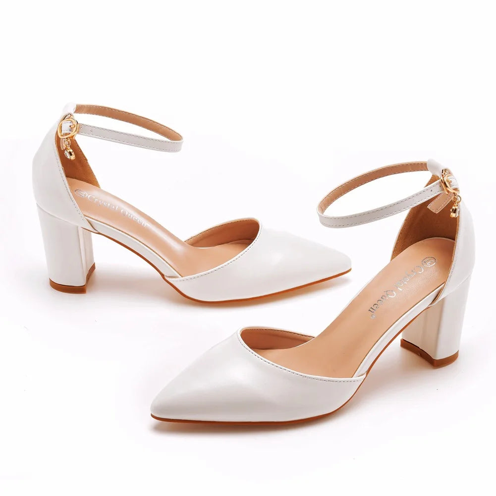 Chunky heel pointed toe hollow sandals spring square heel shallow mouth women's shoes white buckle bridal high heels