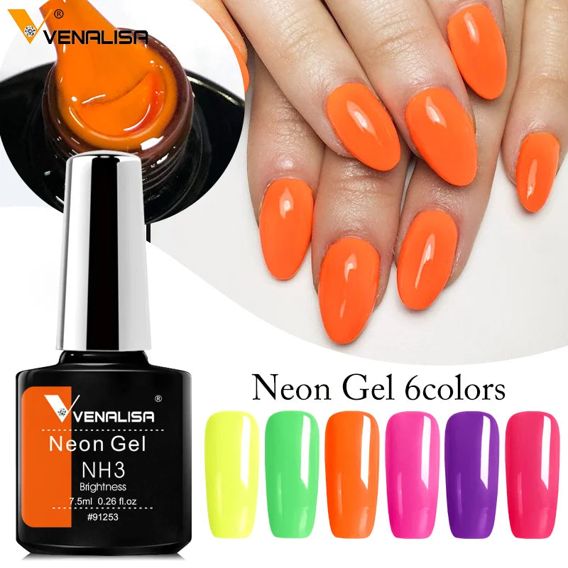 Blushimmer VENALISA neon gel nail polish bottle with bright, fluorescent color for summer nail art and UV LED light curing.