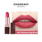 Blushimmer matte red velvet lipstick from Charmacy, featuring smooth, durable lip color for a natural, easy-to-wear makeup look.