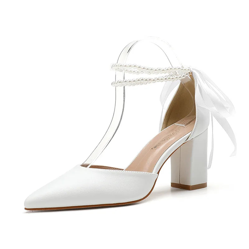 Women's Bridal Wedding High Heel Sandals White Thick Chunky Heel Hard-Wearing for Spring Autumn Summer 43